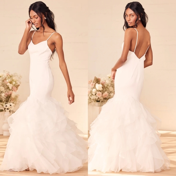 Lulus Extravagance White Ruffled Organza Mermaid Maxi Dress 4 Wedding Bridal - Picture 1 of 11
